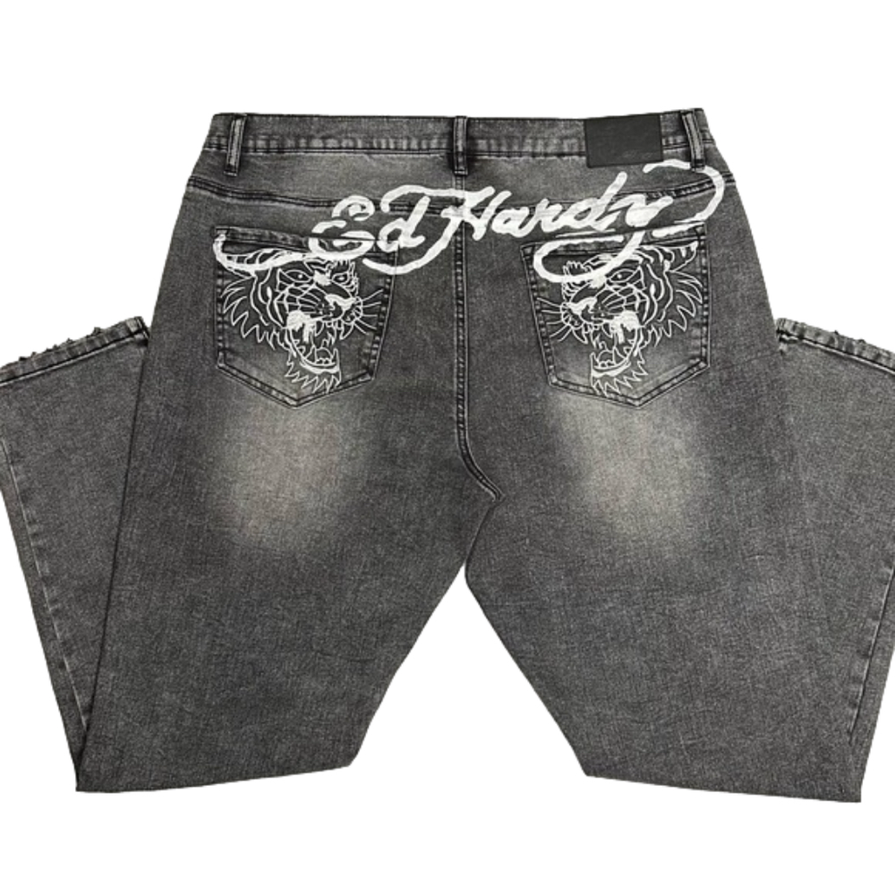 Ed Hardy Tiger Men's Jeans Slim Taper 39 x 31 Black/Grey Zipper-fly NWOT